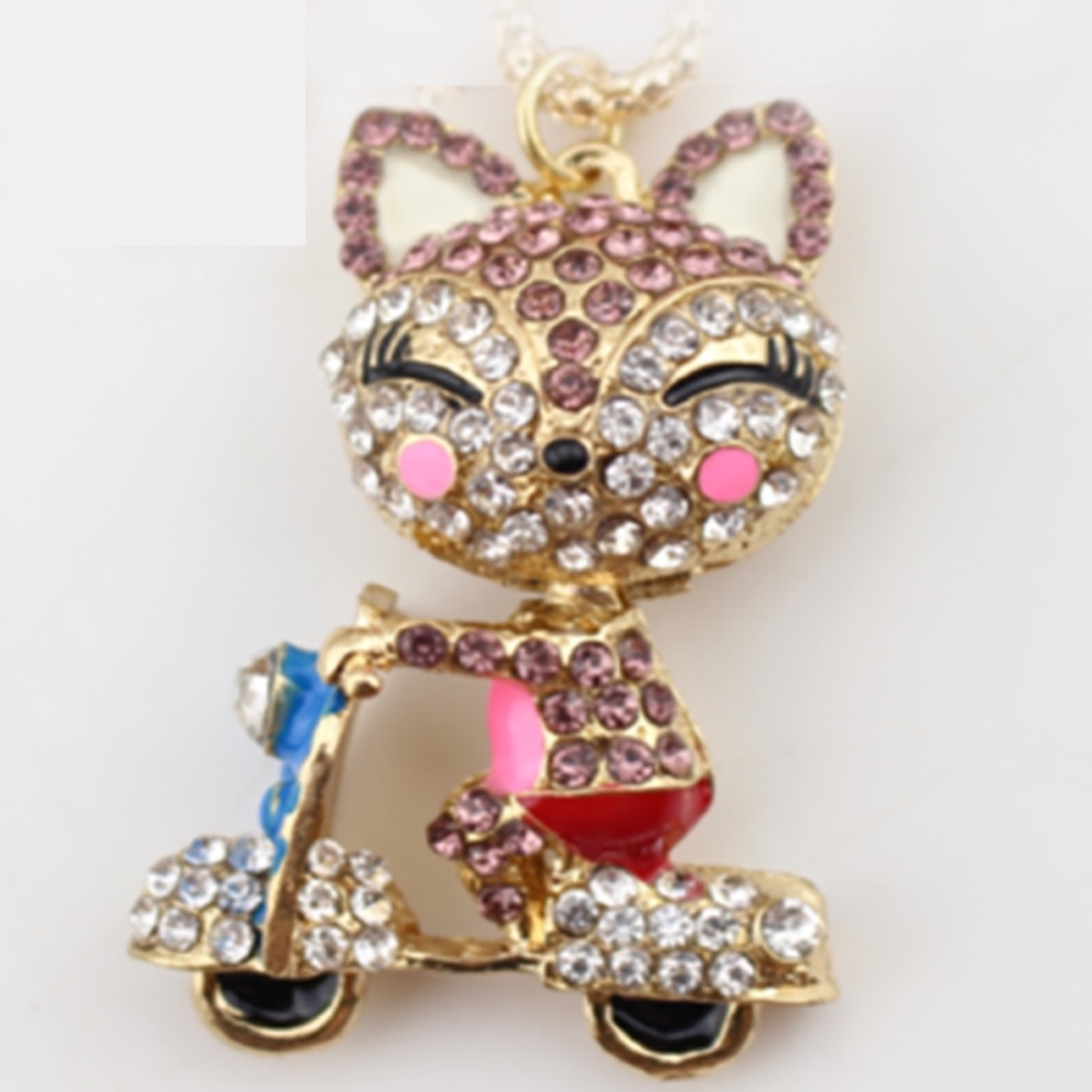 Cat Kitty Scooterboard Gold Alloy Rhinestone Necklace - Articulated Head on Cat